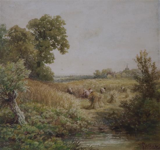 Samuel Henry Baker (1824-1909), watercolour, harvesters at work, signed, 18 x 19cm